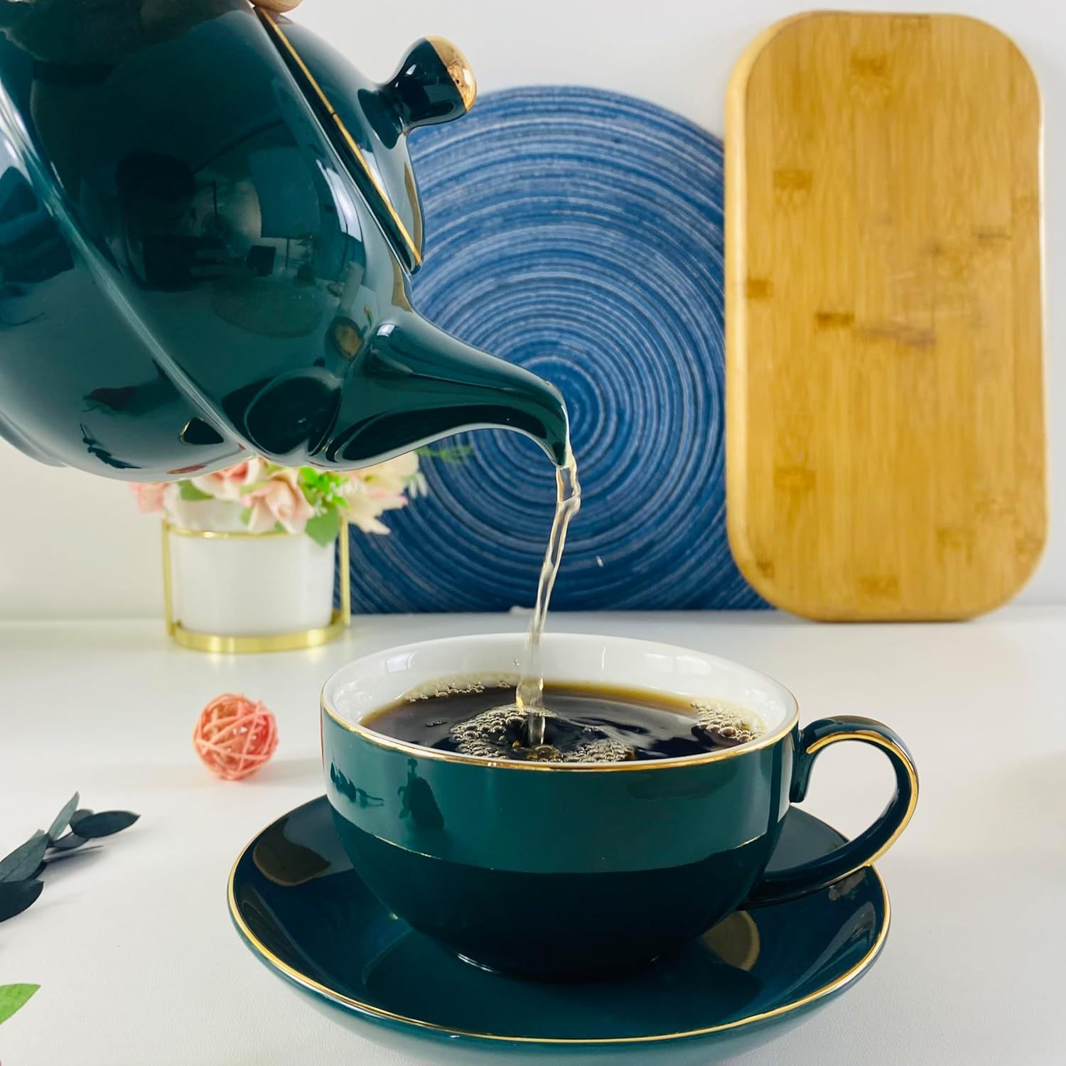 YBK Tech Service à thé en Céramique pour une Personne, théière de 12oz et Tasse de 8.2oz avec Soucoupe (Vert Paon)