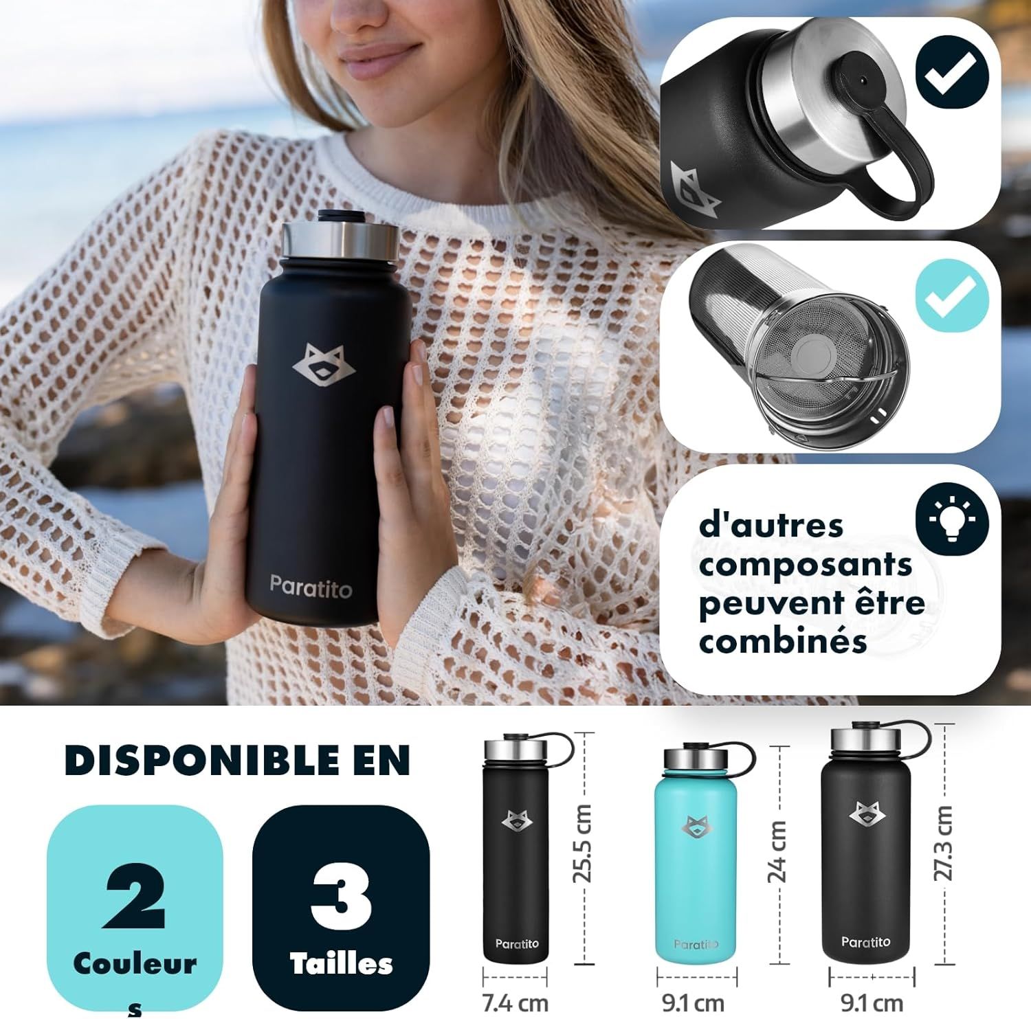 Thermos Thé et Café Isotherme avec Infuseur à Thé et Fruits – Gourde Infuseur Thé 1L en Acier Inoxydable – Bouteille Thermos pour Bureau, Yoga, Voyage – Théière avec Infuseur