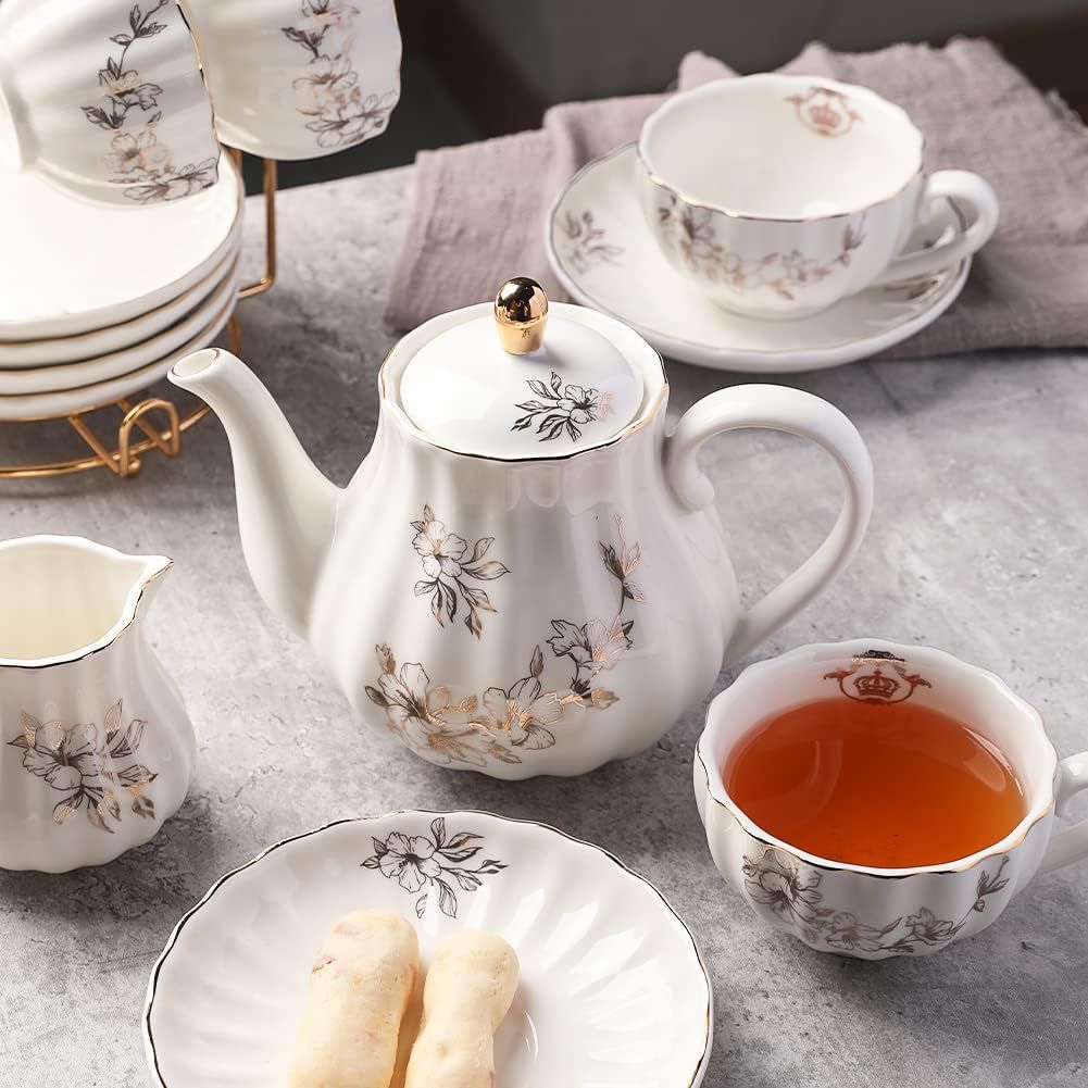 British Royal Series Service à thé en porcelaine avec tasses et soucoupe pour 6 personnes 225 ml avec théière, sucrier, pichet à crème, cuillères à café et passoire à thé