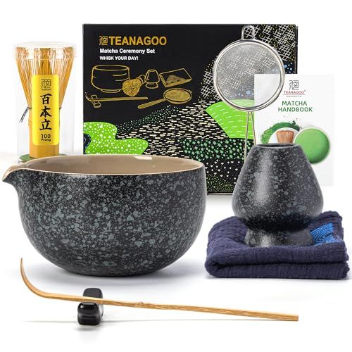 TEANAGOO Matcha Kit (7 pièces) Ensemble de fouet à matcha Bol à matcha avec bec Fouet à matcha en bambou (chasen) Cuillère (chashaku) Support pour. N17