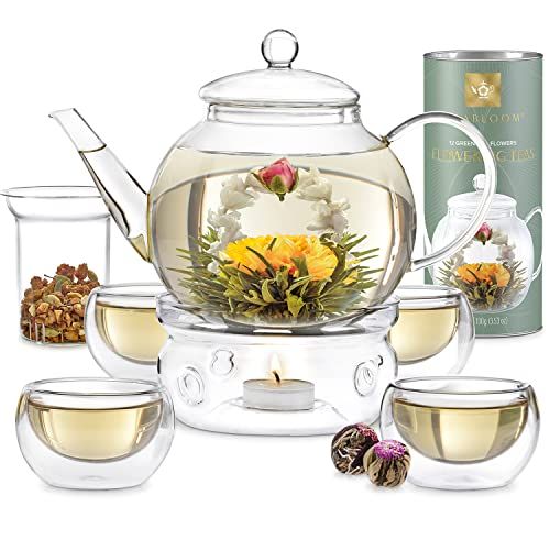 Teabloom Set de Thé Complet avec Théière en Verre 1,2 L, Infuseur, 4 Tasses Isothermes, Chauffe-thé et 12 Thés Fleuris