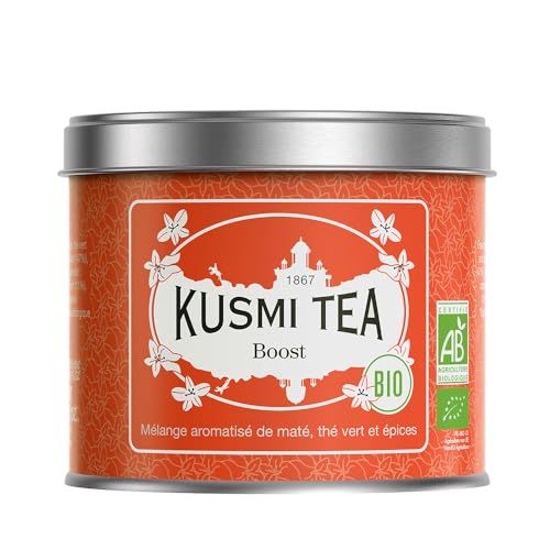 Kusmi Tea - Boost Bio - Thé Biologique - Mélange Aromatisé de Maté, Thé Vert et Épices - Cannelle, Cardamome et Gingembre - Recette Tonique - Boîte Thé Métal 100g - Quantité pour environ 50 Tasses