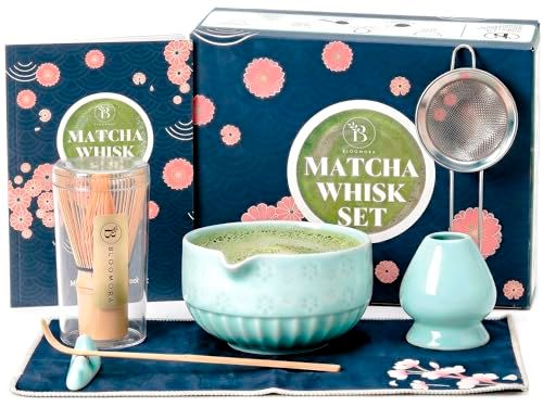 Matcha Set Céramique – Kit Matcha Complet avec Bol, Fouet en Bambou, Cuillère, Tamis, Repose-Cuillère, Support à Fouet, Tissu + Manuel – Kit Traditionnel de Cérémonie du Thé Japonais