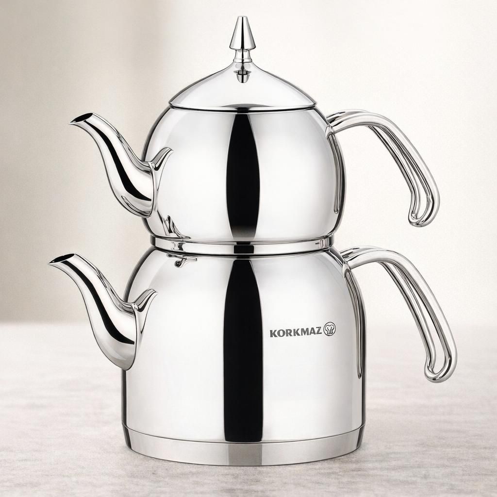 Korkmaz A221 Efendi Théière turque Caydanlik Teapot 18/10 Cr, Ni inoxydable à induction