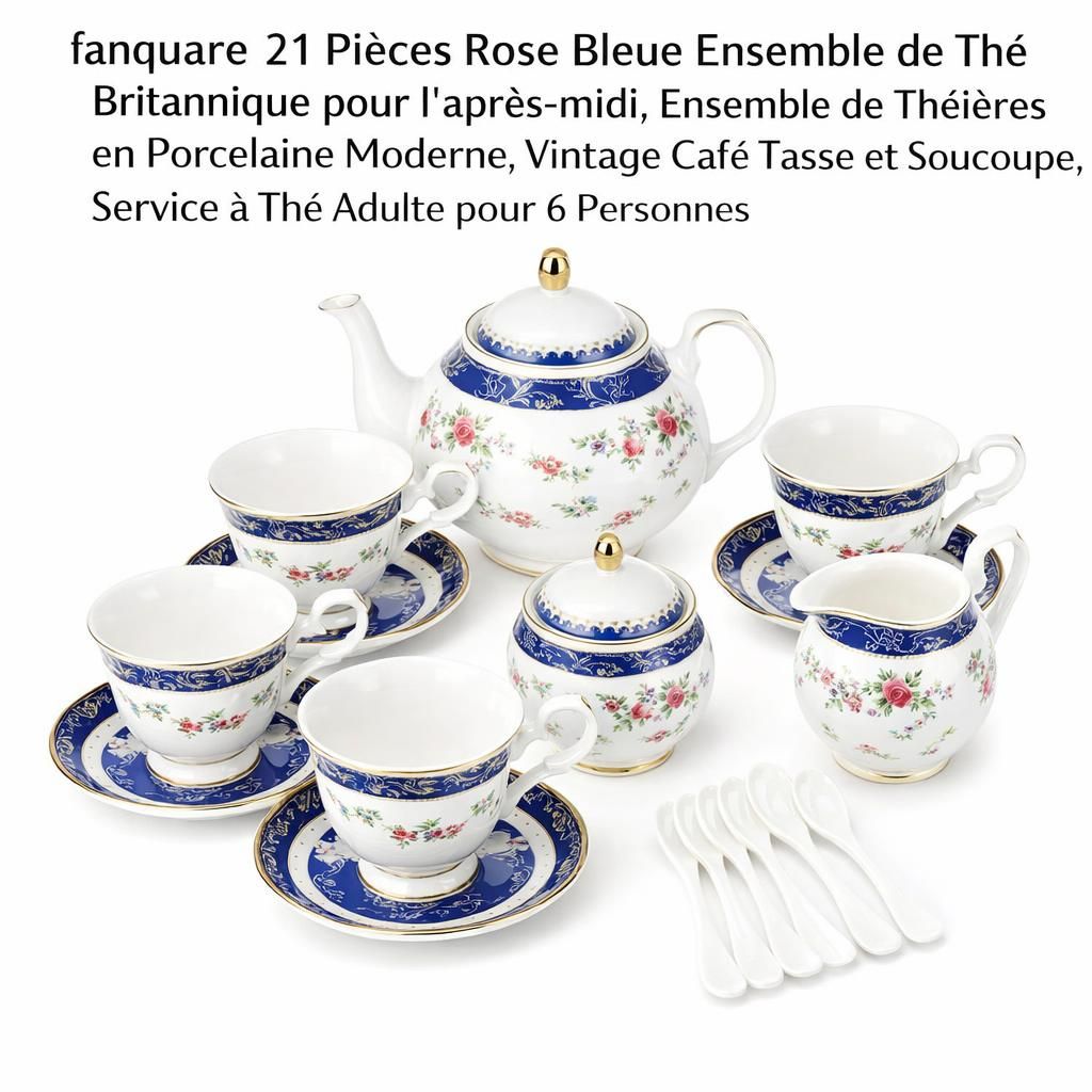 fanquare 21 Pièces Rose Bleue Ensemble de Thé Britannique pour l'après-midi, Ensemble de Théières en Porcelaine Moderne, Vintage Café Tasse et Soucoupe, Service à Thé Adulte pour 6 Personnes