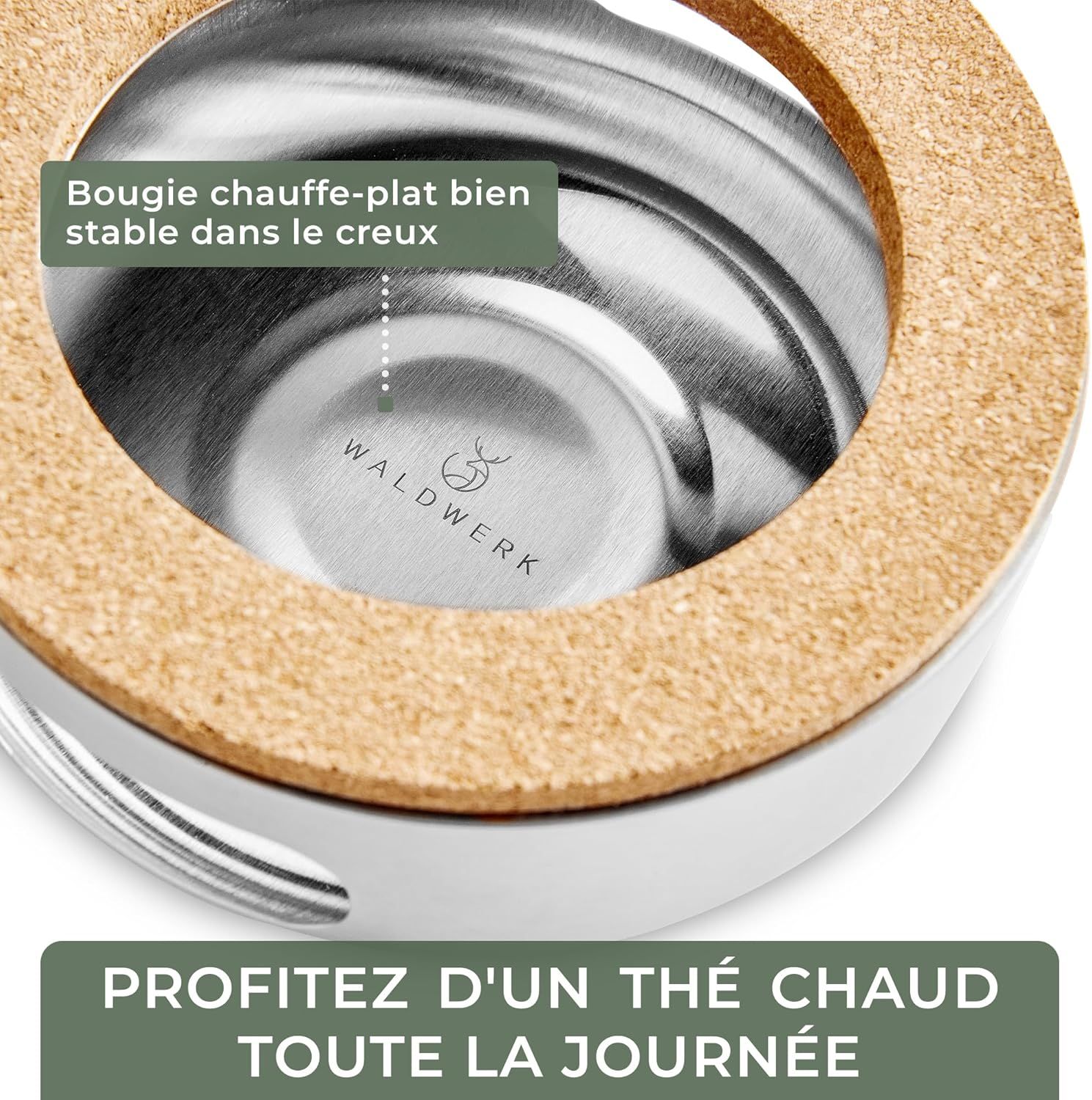 WALDWERK Théière avec Infuseur (1,1L) en Acier Inoxydable 304 - Poignées en Bois de Chêne, Sans Goutte, Filtre Amovible et Réchaud