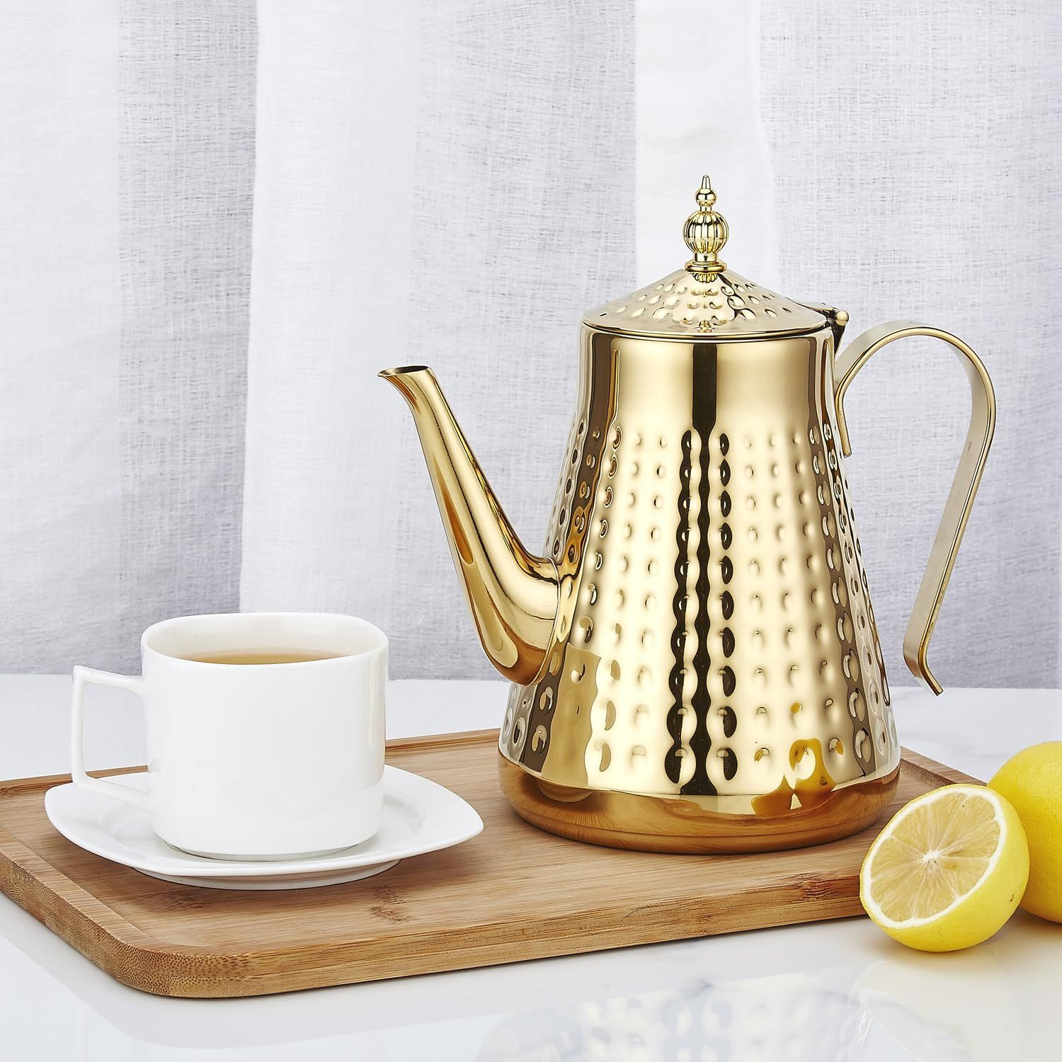 SANQIAHOME Théière en acier inoxydable 1800ml avec infuseur amovible,Théière vintage,Doré