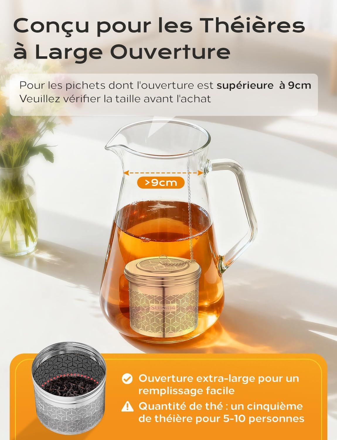 Grande Infuseur Thé, Filtre à Thé Avec Chaîne Rallongée et Crochet en S, Filtre Thé et Passoire à épices Acier Inoxydable 304, Filtre a The Mailles Fines pour Feuilles de Thé, les épices