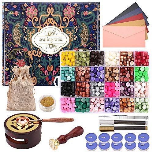 CHUHUAYUAN Kit de cachet de cire avec coffret cadeau, 24 couleurs et 624 perles de cire avec cachet de cire, chauffe-cire à cacheter et stylo métallique et enveloppe
