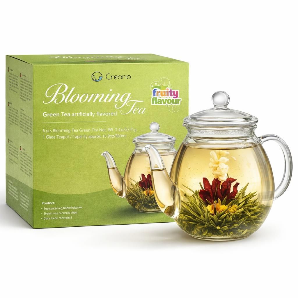 Creano „Fleurs de Thé“ Verts 6 pcs – Théière en Verre 500ml sans goutte – 6 variétés de thé vert aromatisé – Idée cadeau femme