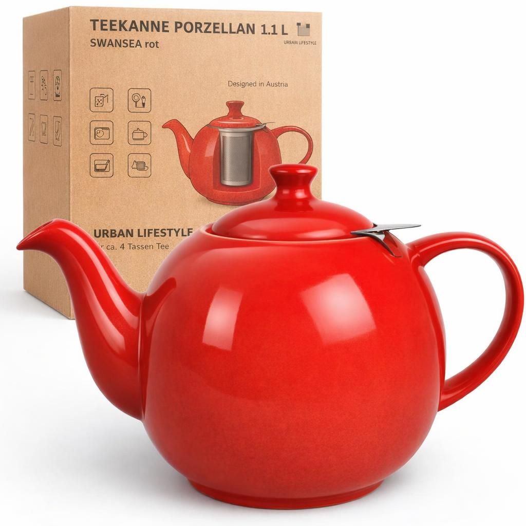 URBAN LIFESTYE Théière avec infuseur 1,1 L en porcelaine rouge Théière anti-goutte Infuseur intégré pour thé loose (Swansea)