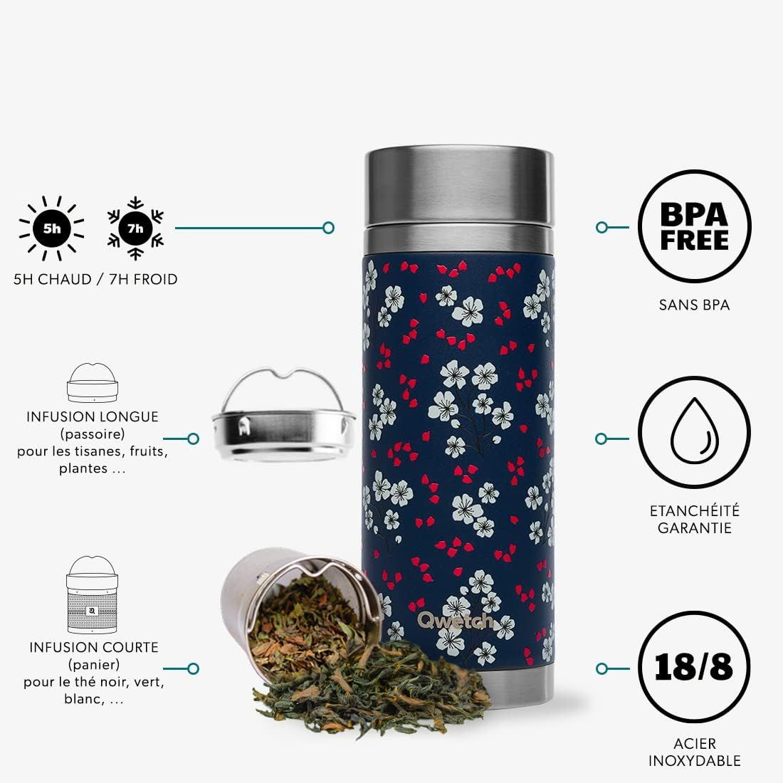 Qwetch - Théière Infusion Isotherme - Hanami Bleu 400ml - Bouteille infuseur Nomade Inox - 5h Chaud et 7h Froid Sans BPA, Étanche & Reutilisable - Idéale pour Thé, Café, Fruit, Tisane