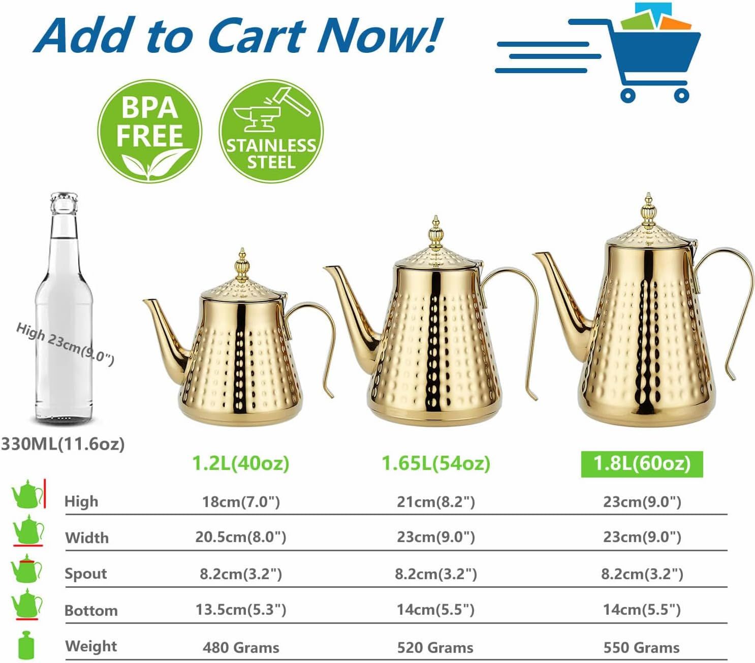 SANQIAHOME Théière en acier inoxydable 1800ml avec infuseur amovible,Théière vintage,Doré