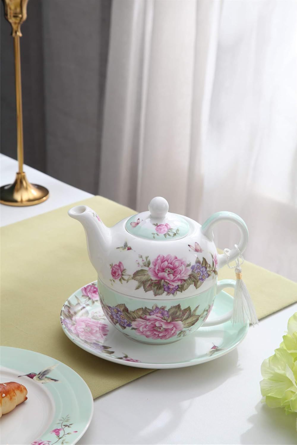 Ensemble de théière, tasse et soucoupe en porcelaine pour une personne à motif floral boîte cadeau