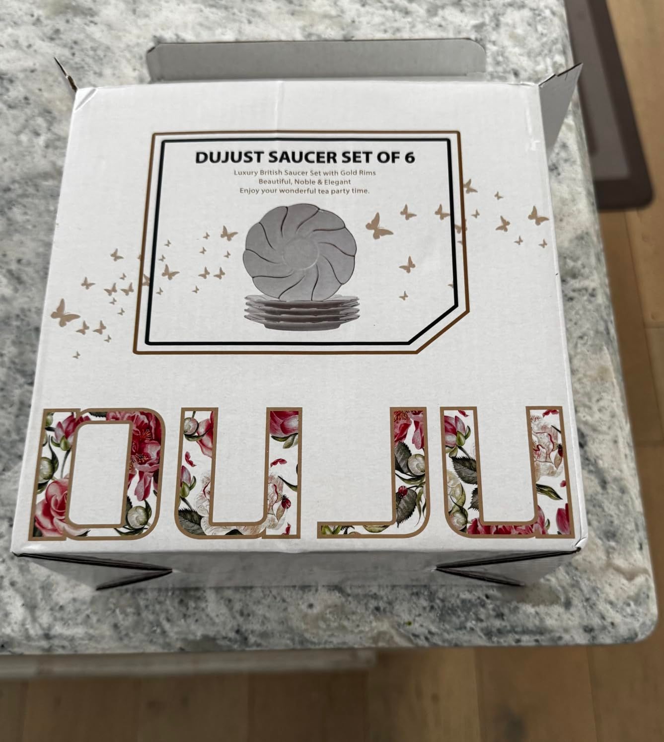 DUJUST Ensemble de Thé 14 Pièces de 6, avec Plateau à Thé et Cuillères, Ensemble de Tasses à Thé/Café de Style Britannique de Luxe avec Garniture Dorée