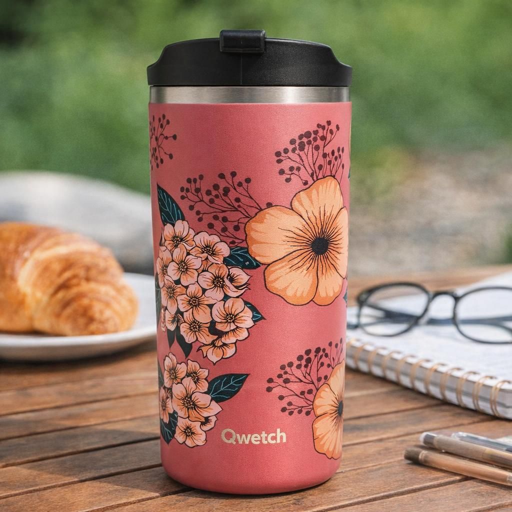 QWETCH - Travel Mug Isotherme - Anémones 470ml - Thermo Café & Thé en Inox - 6h Chaud et 12h Froid - Étanche, Mug de voyage