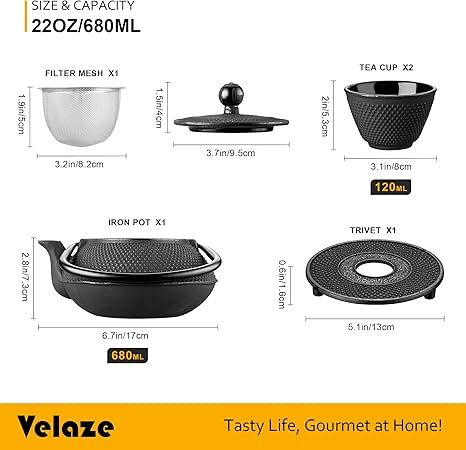 Set Théière Japonaise en Fonte Velaze 700ml – Intérieur Émaillé avec Infuseur Inox, 2 Tasses et Dessous de Plat – Compatible Induction – Noir Traditionnel