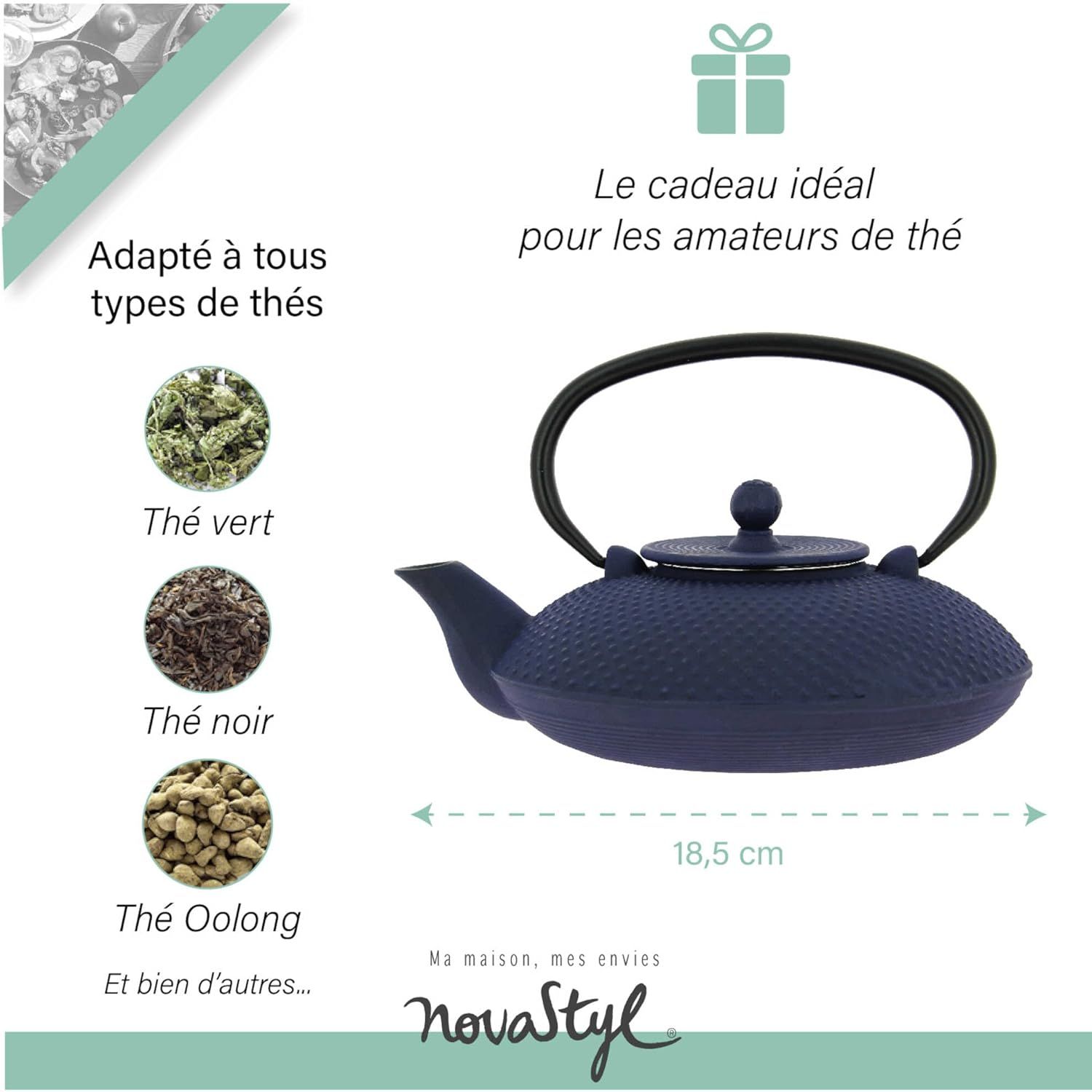 NOVASTYL - Théière en fonte Fuji bleue - 0,8L - Inspiré de l'art japonais - 7321629