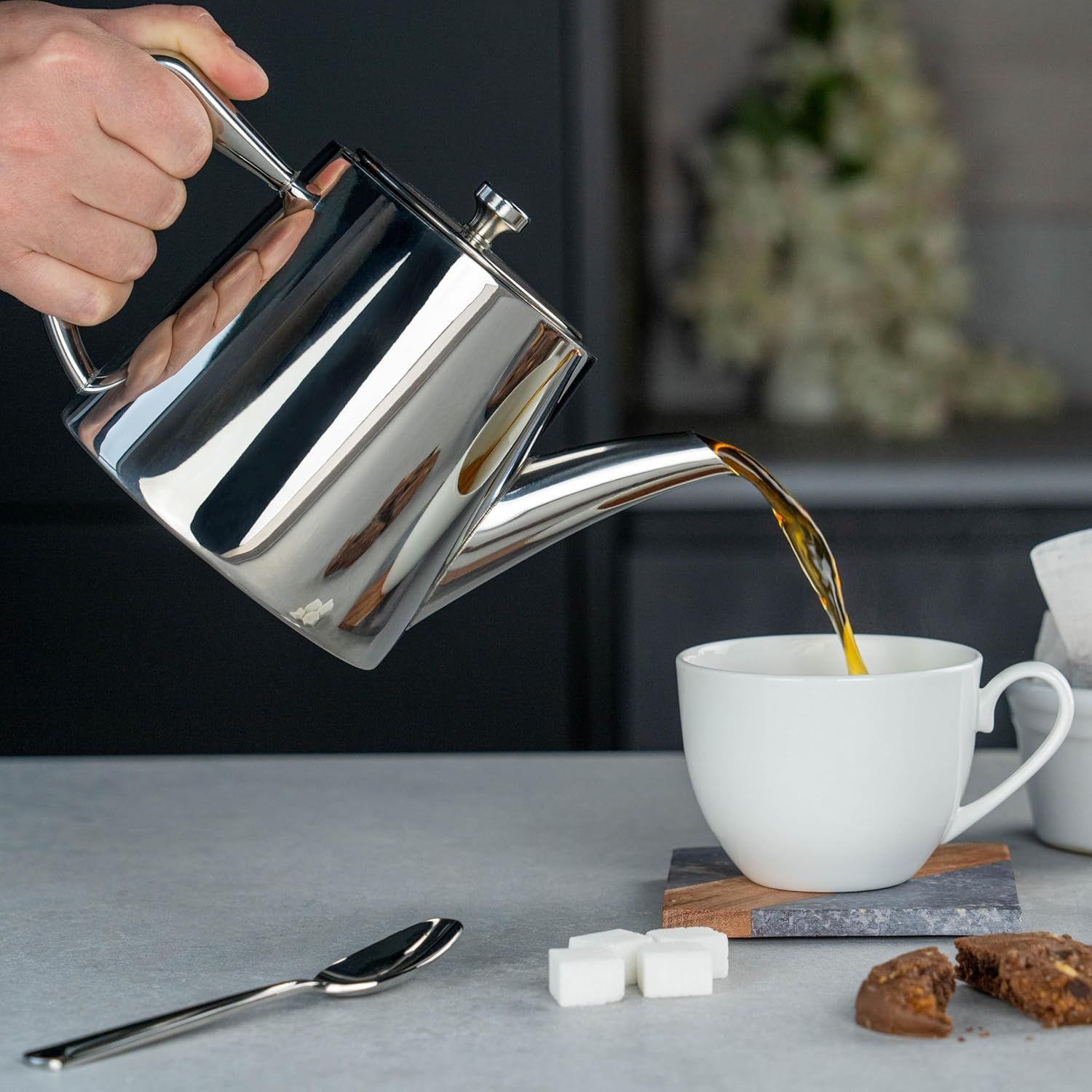 Café Olé Derwent Théière 680 ml, pour 3 personnes, en acier inoxydable, design moderne avec finition miroir, bec verseur parfait