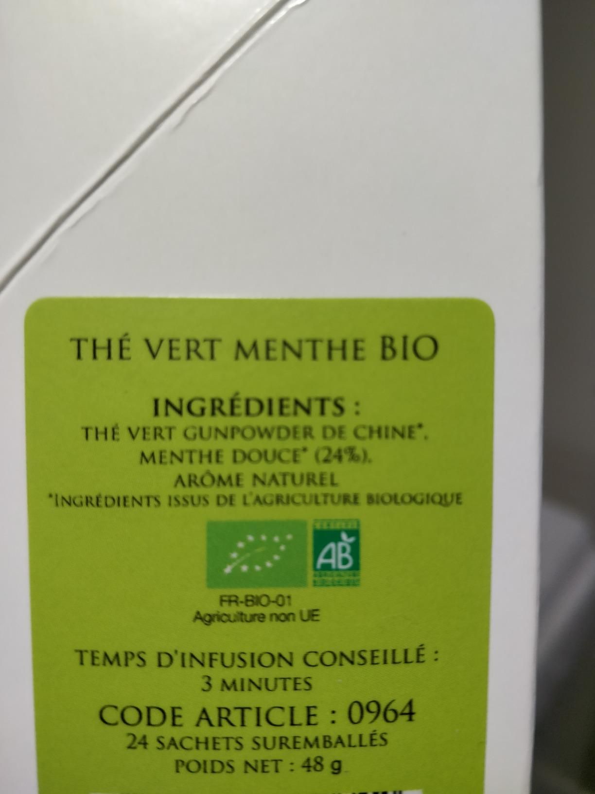 thé vert bio à la menthe douce en sachets végétaux