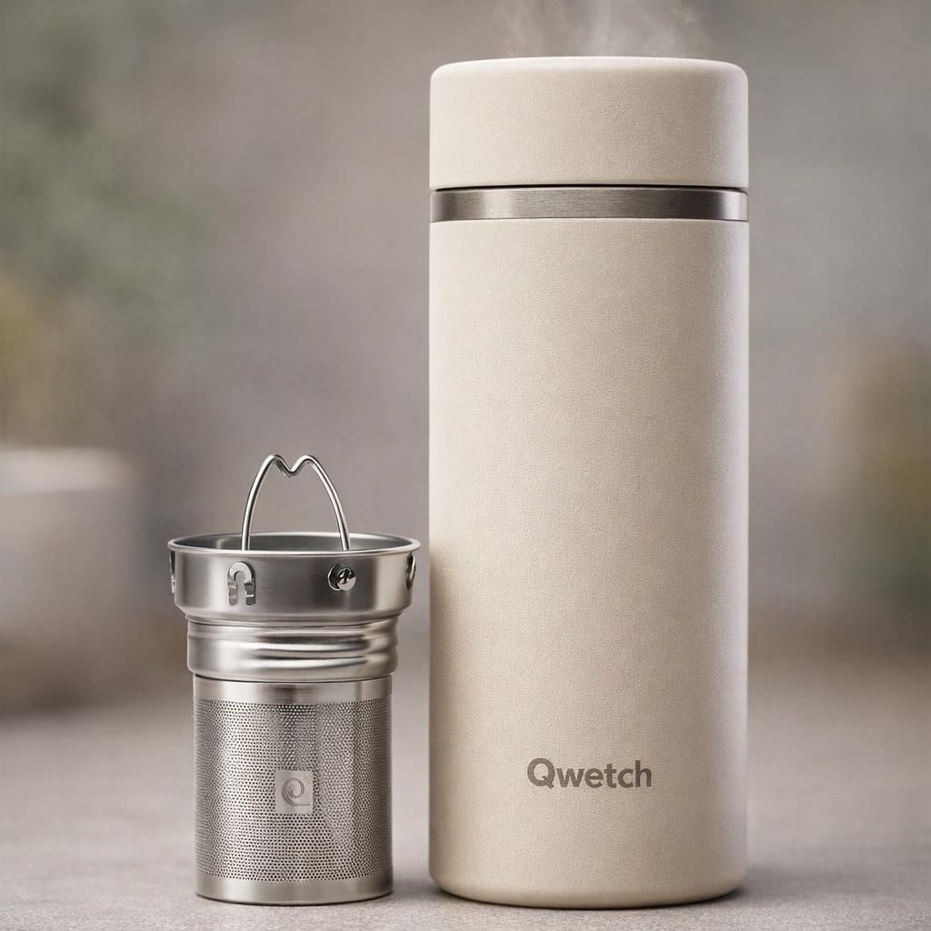 Qwetch - Théière Isotherme Nomade 400ml - Infuseur avec 2 Filtres - 12h Chaud / 24h Froid - Étanche, Réutilisable & Durable - Pour Thé, Café, Tisane, Fruits (Sable)