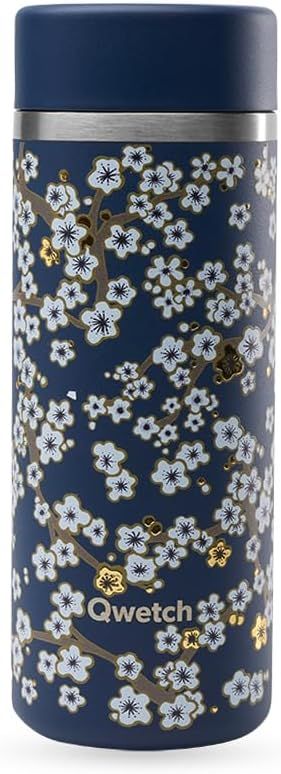 Qwetch - Théière Isotherme Nomade 400ml - Infuseur avec 2 Filtres - 12h Chaud / 24h Froid - Étanche, Réutilisable & Durable - Pour Thé, Café, Tisane, Fruits (Flowers Bleu Nuit)