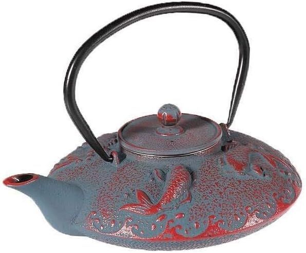 lachineuse - Théière Japonaise en Fonte - Carpes Koï - Avec Filtre Infuseur - Capacité 0,8L - Décoration Japonaise Asiatique - Théière Traditionnelle Nipponne - Service du Thé - Coloris Gris & Rouge