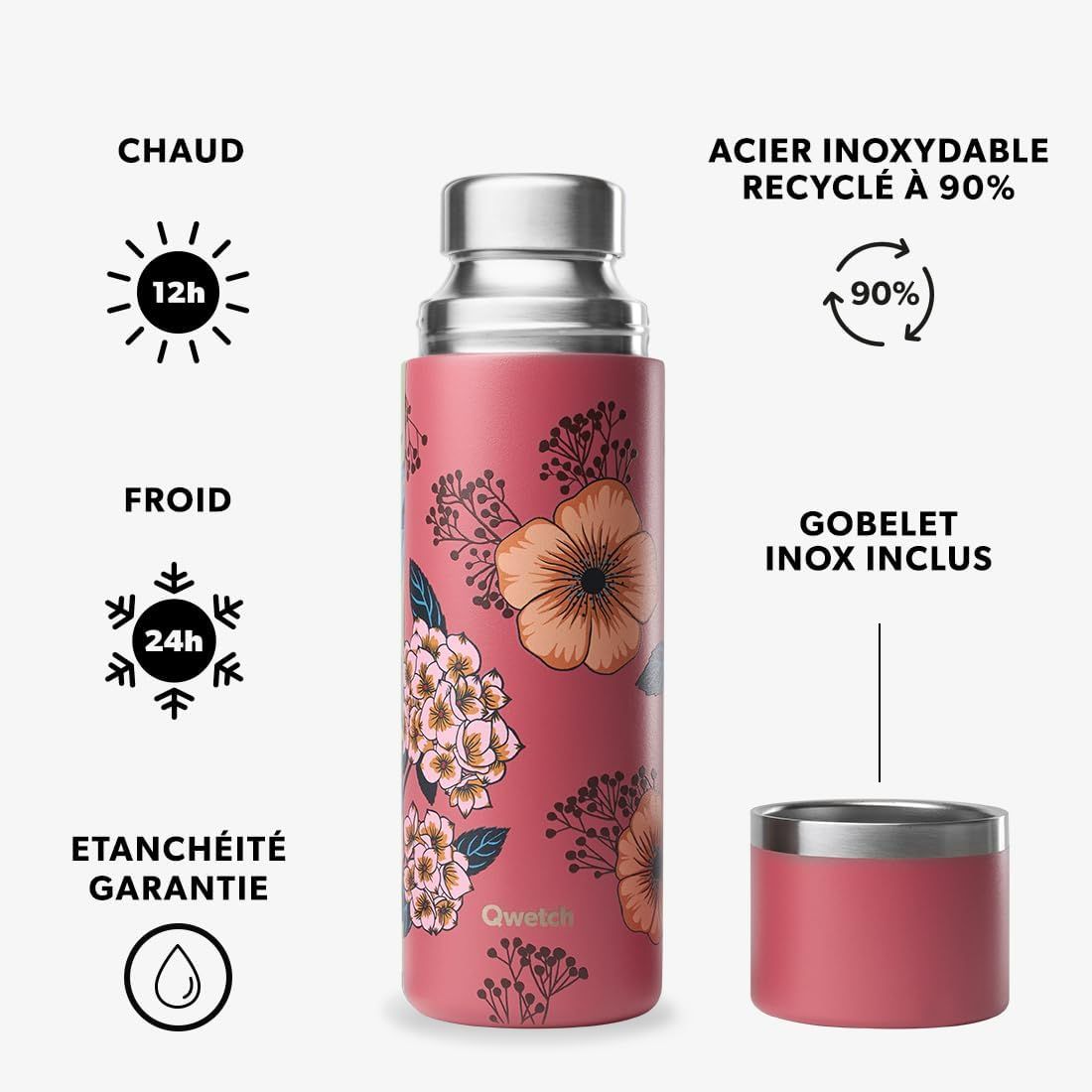Qwetch - Thermo Isotherme Anémones Terracotta 750ml - Thermo avec Gobelet Inox Recyclé - 24h Froid et 12h Chaud - Etanche & Idéale pour Café et Thé