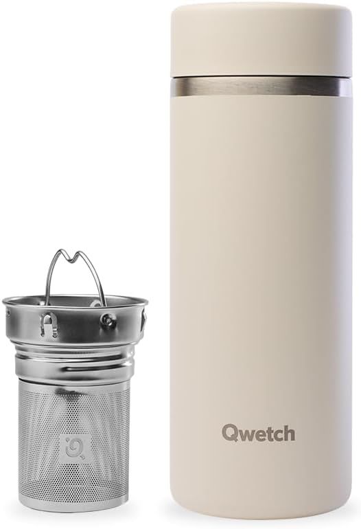 Qwetch - Théière Isotherme Nomade 400ml - Infuseur avec 2 Filtres - 12h Chaud / 24h Froid - Étanche, Réutilisable & Durable - Pour Thé, Café, Tisane, Fruits (Sable)