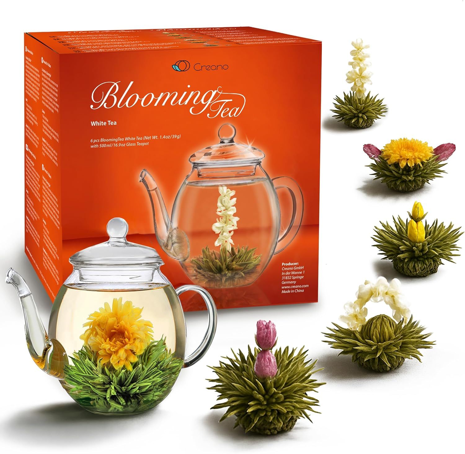 Creano Coffret „Thé en Floraison“ 6 thés de fleurs – Théière en verre 500ml sans goutte – 6 variétés de thé blanc – Idée cadeau exceptionnelle – Verre borosilicate