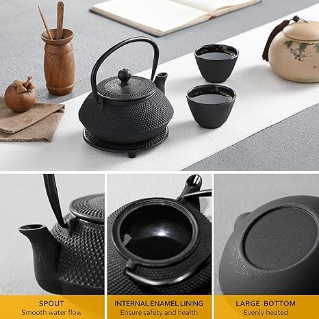 Set Théière Japonaise en Fonte Velaze 700ml – Intérieur Émaillé avec Infuseur Inox, 2 Tasses et Dessous de Plat – Compatible Induction – Noir Traditionnel