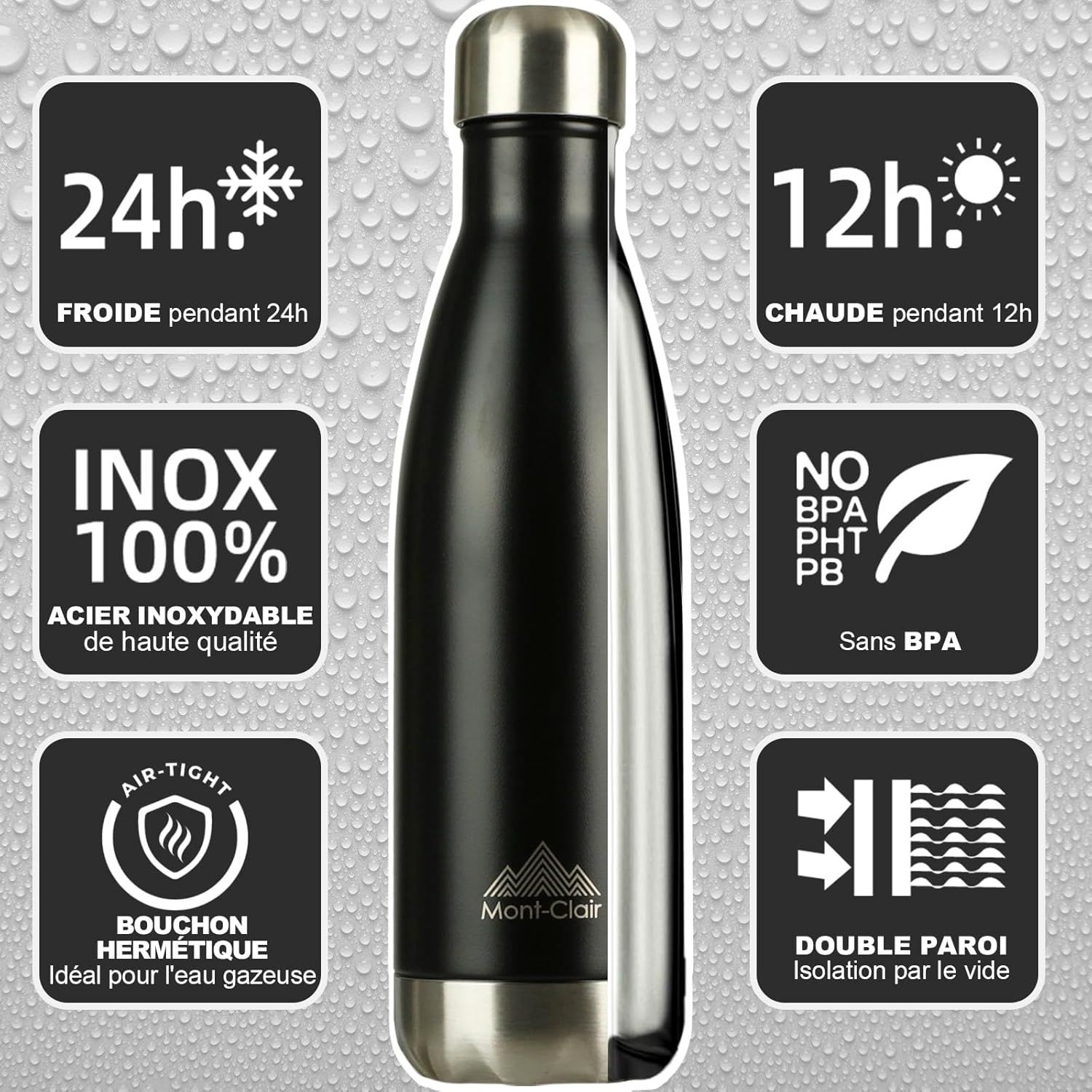 Mont-Clair H2O Gourde isotherme - Bouteille isotherme sans BPA - Gourde inox 500ML, 24h froid & 12h chaud - Bouteille d'eau en acier - 500ML, Noir