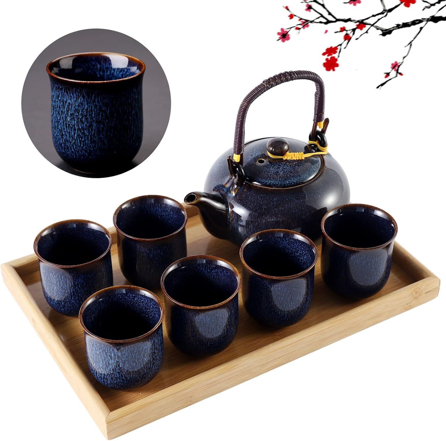 DUJUST Service à thé japonais - 8 pièces, service a the en porcelaine avec 1 théière, 6 tasses à thé et 1 plateau à thé, theiere porcelaine unique pour adultes, bleu foncé