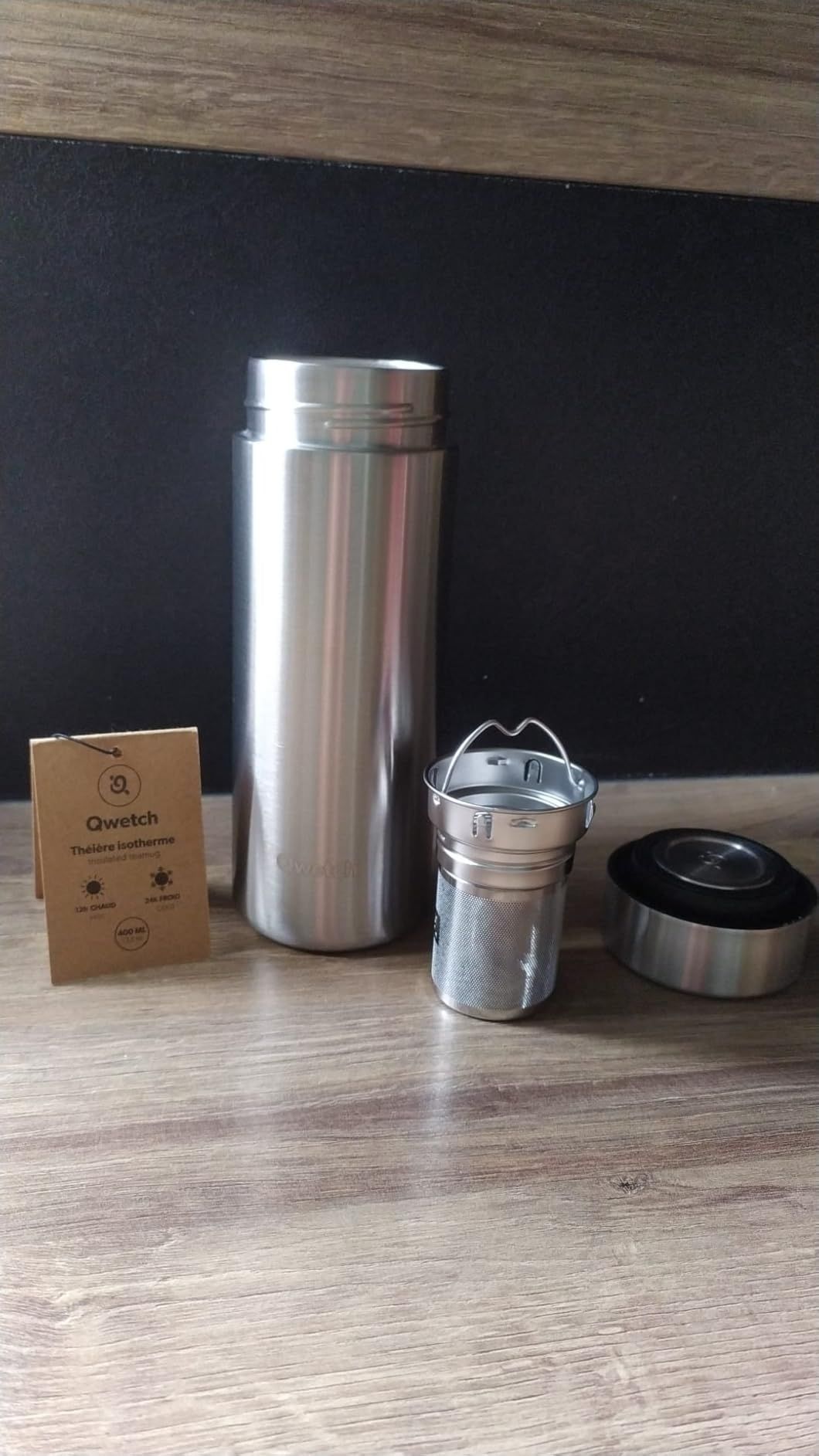 Qwetch - Théière Isotherme Nomade 400ml - Inox Brossé - Infuseur avec 2 Filtres - 12h Chaud / 24h Froid - Étanche, Réutilisable & Durable - Pour Thé, Café, Tisane, Fruits