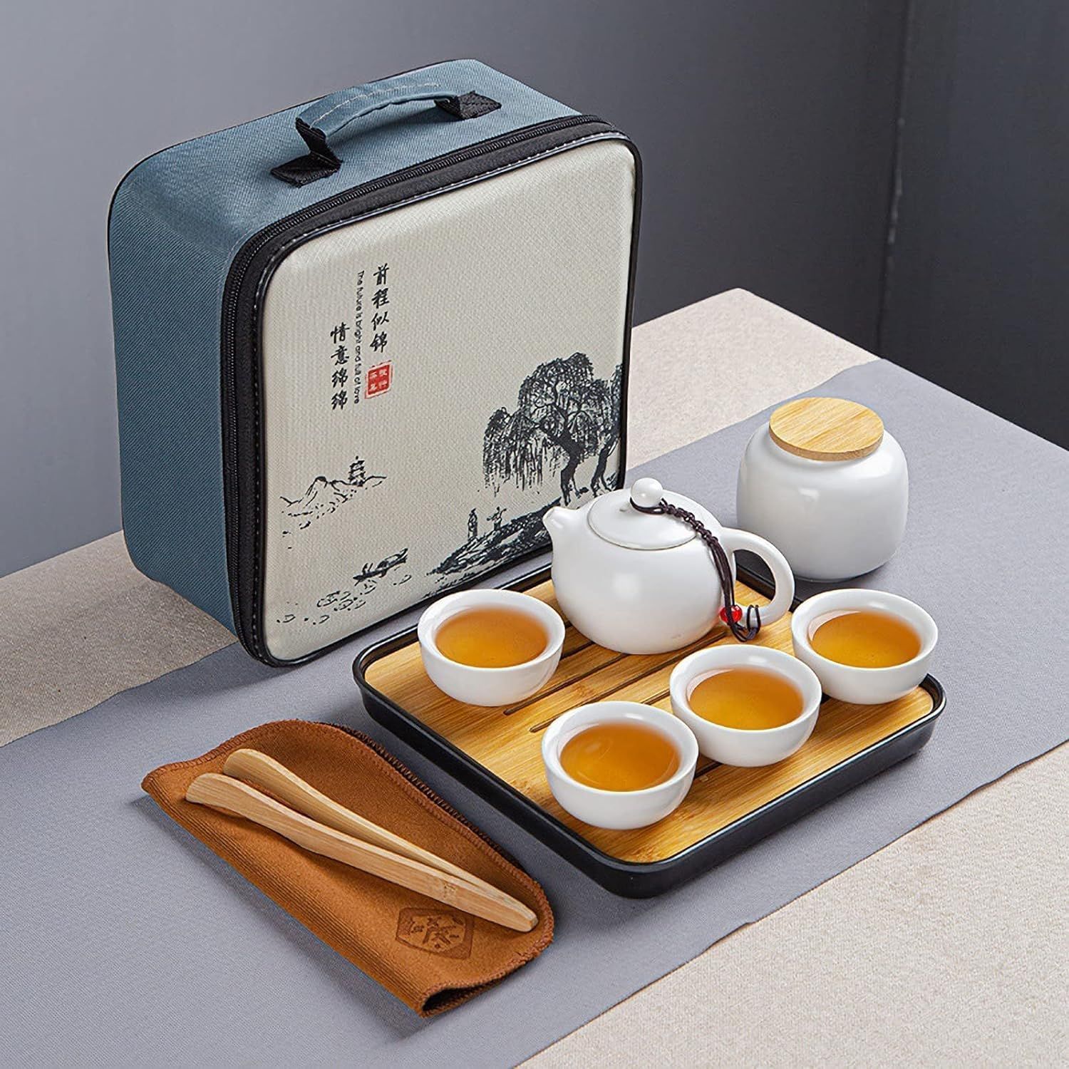 Ensemble de Théière Chinois Kungfu en Céramique - Service à Thé avec 4 Tasses et Plateau - Cadeau Tout-en-Un pour Thé en Vrac - Blanc