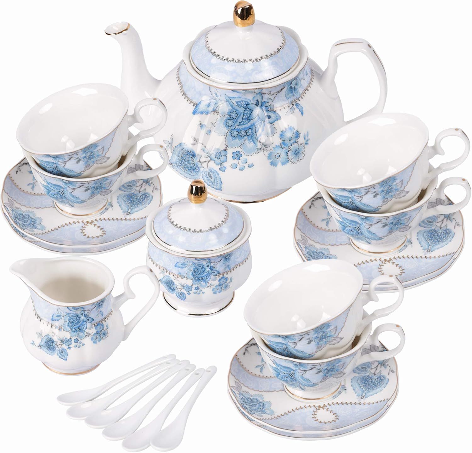 fanquare Service à Thé en Porcelaine Fleurs Bleues, Ensemble de Tasse et Soucoupe à Thé, Service de Thé 6 Personnes, Théière de Mariage Pichet à Crème Dans un Sucrier, Service à Café en Porcelaine