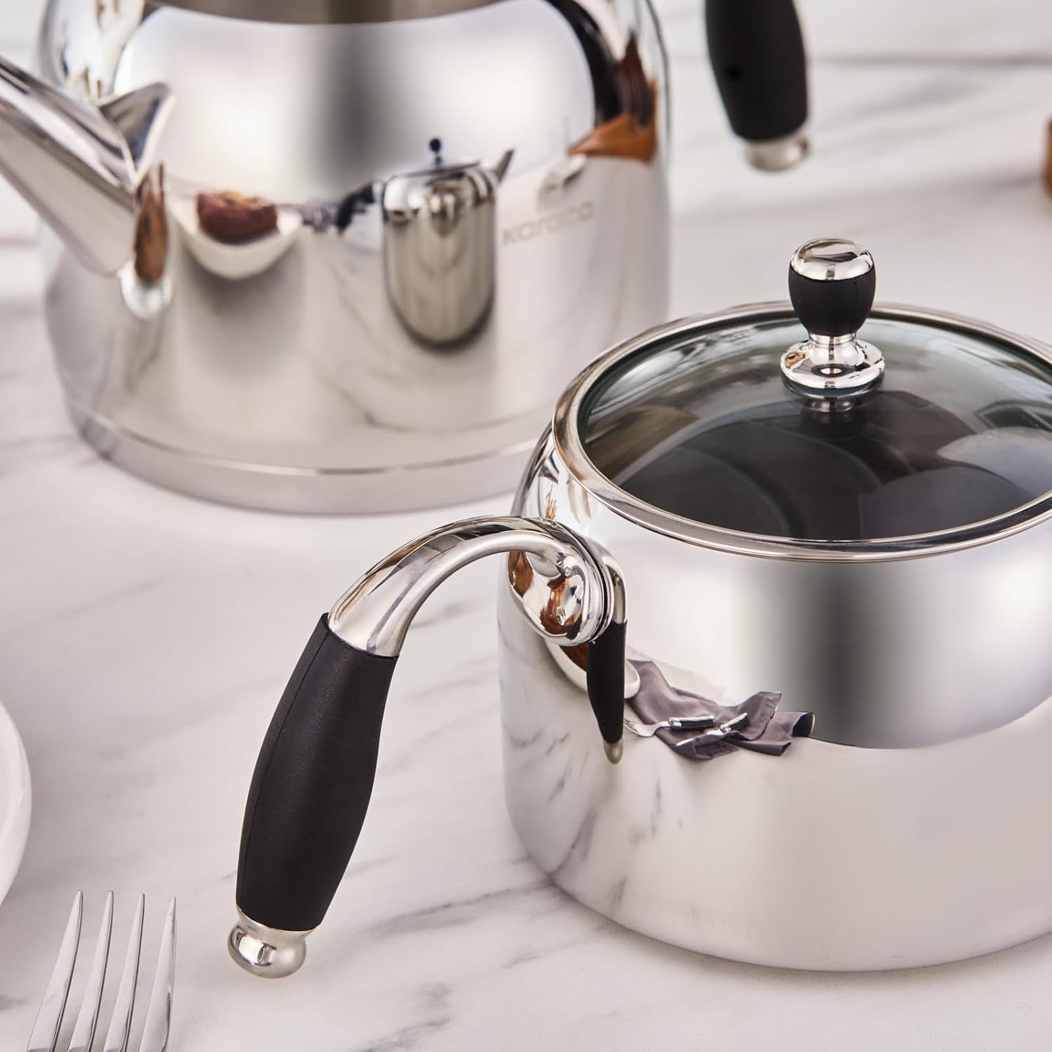 Karaca Stella Set de Théière Turque en Acier Inoxydable, Bouilloire 2L, Théière 1L, Poignées Résistantes à la Chaleur, Finition Poli, Compatible Induction Turkish Teapot & Caydanlik