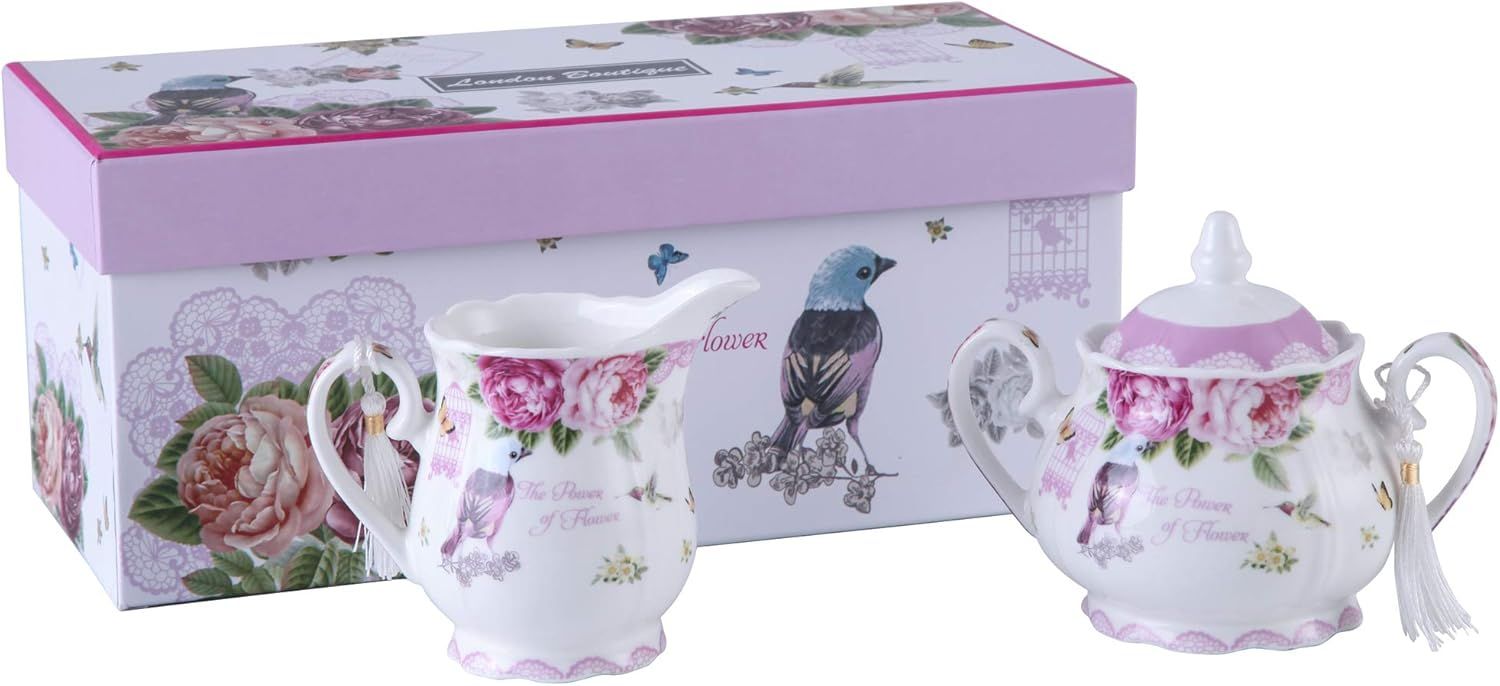 London Boutique Service à thé en porcelaine avec sucrier et pot à crème vintage style shabby chic avec coffret cadeau Motif rose et papillon rose