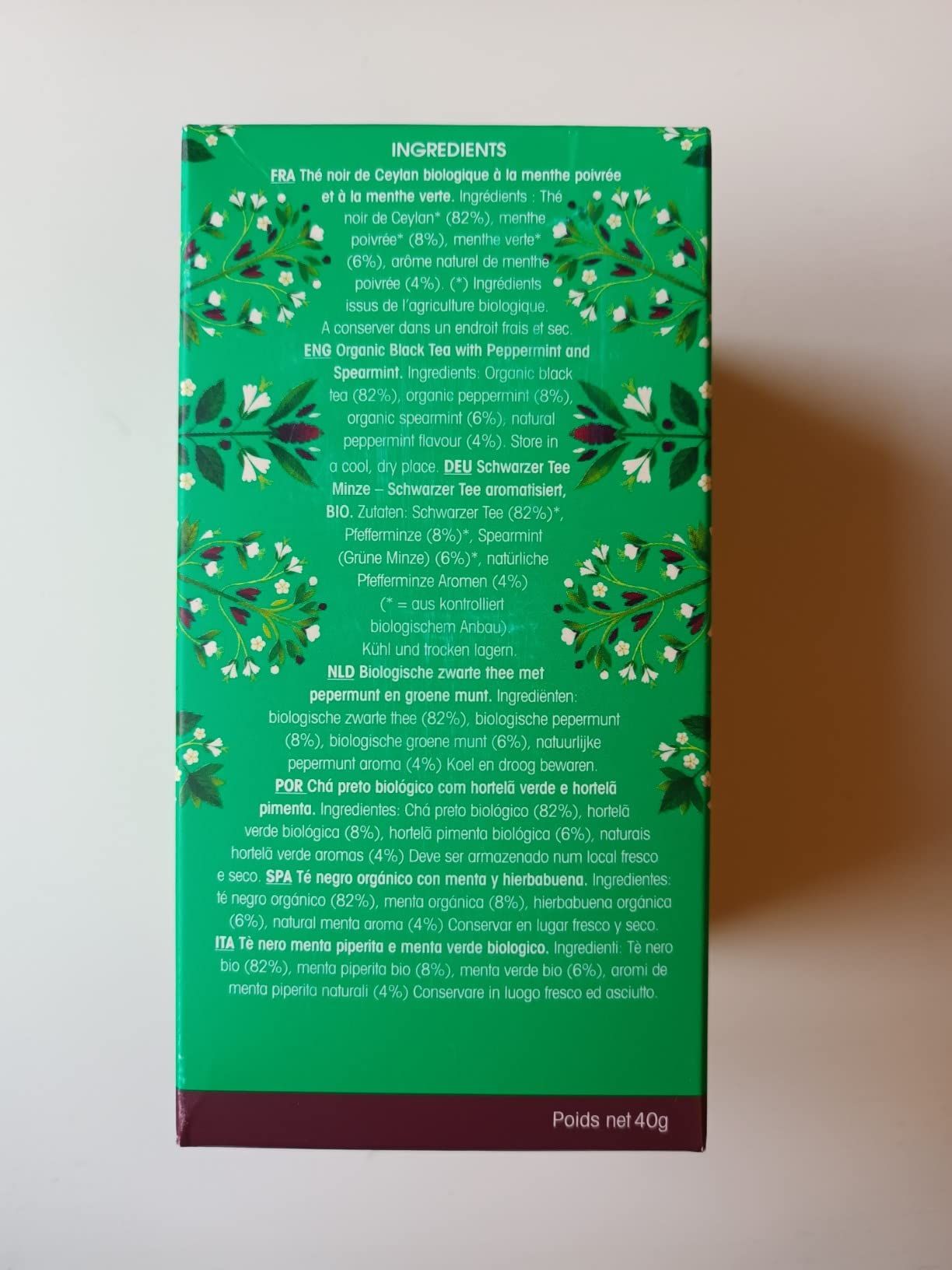 Thé noir bio à la menthe poivrée et menthe verte - boîte de 20 sachets