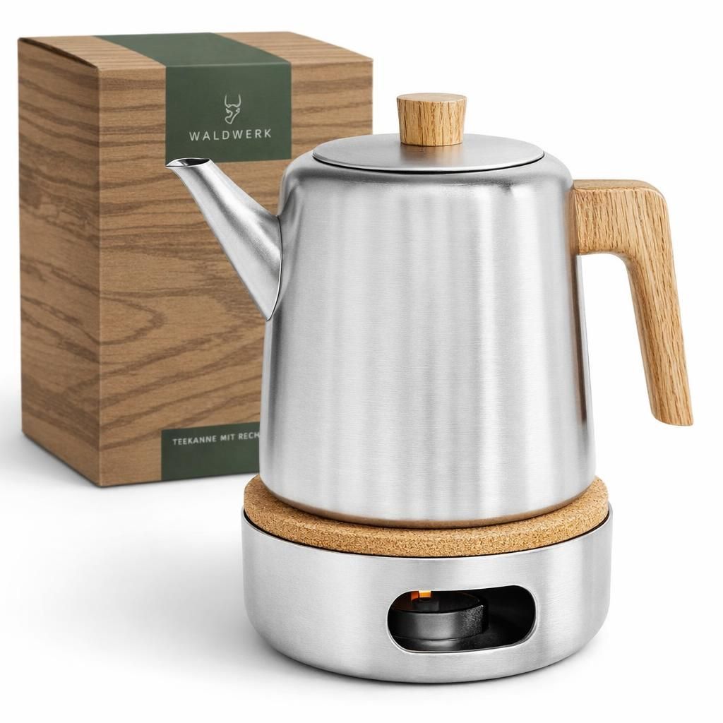WALDWERK Théière avec Infuseur (1,1L) en Acier Inoxydable 304 - Poignées en Bois de Chêne, Sans Goutte, Filtre Amovible et Réchaud