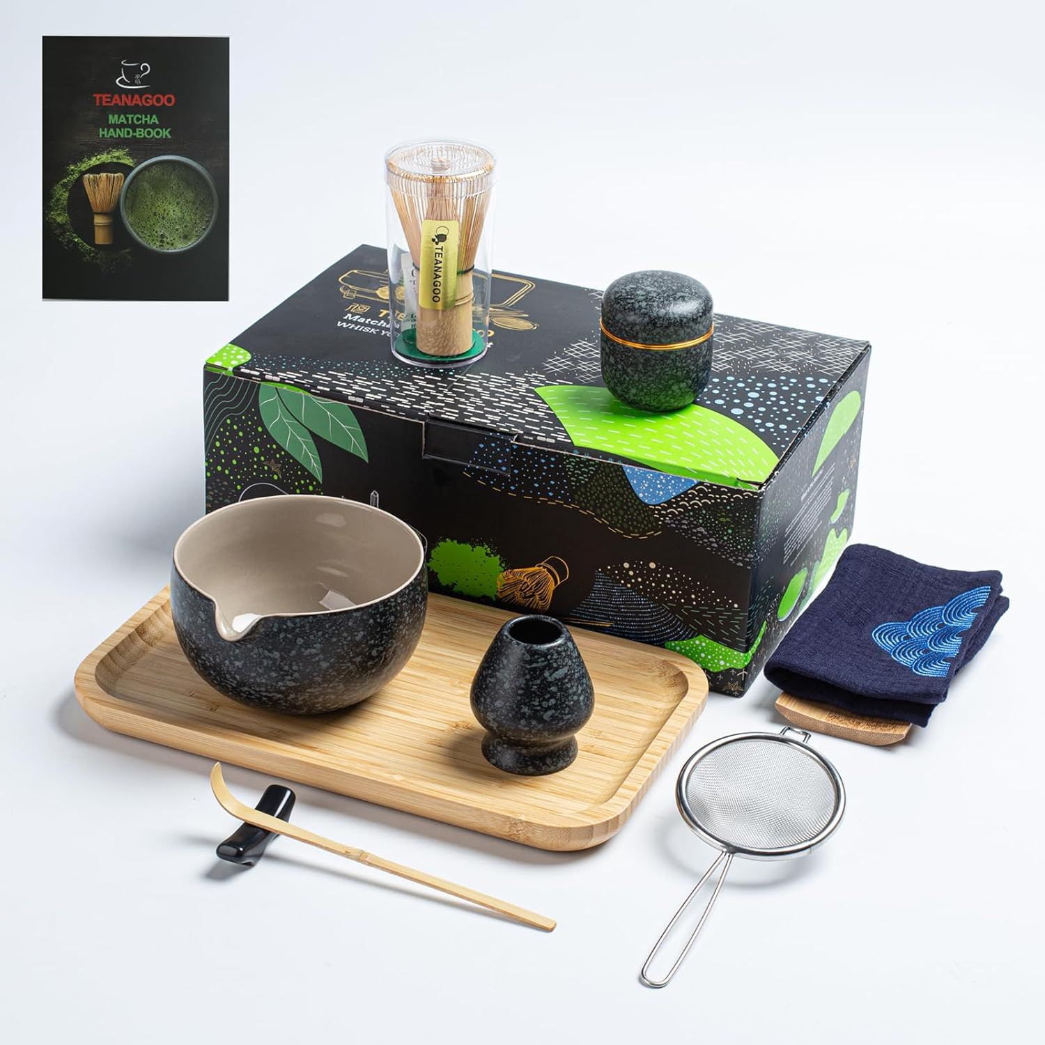 TEANAGOO Service à thé japonais, ensemble de fouet à matcha, bol à matcha en bambou (Chasen), cuillère (chashaku), support de fouet à matcha, kit de fabrication de thé. O1, kit de poudre de thé vert