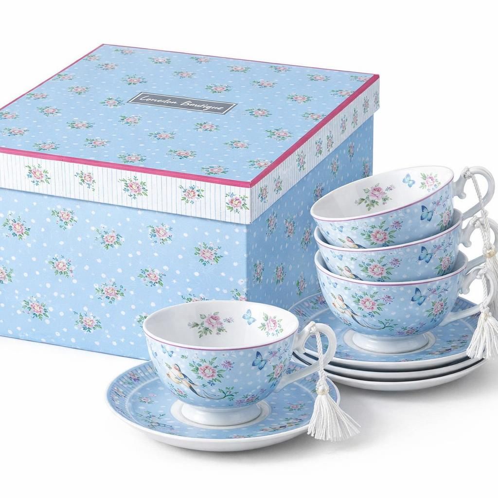 London Boutique Lot de 4 Tasses à thé et soucoupes en Porcelaine Vintage Motif Oiseaux et Papillons Bleu Rose