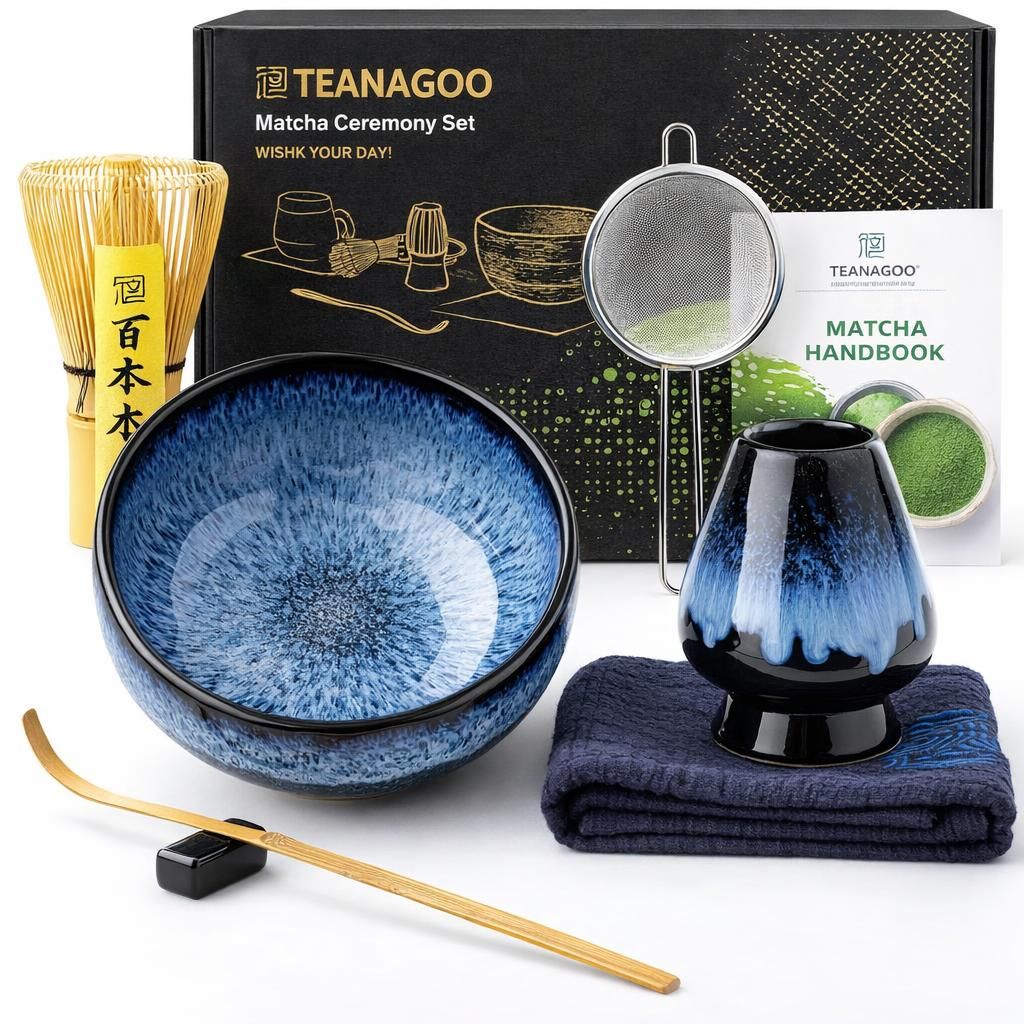 TEANAGOO Service à thé matcha, service à thé japonais, bol à matcha, fouet en bambou matcha, cuillère, tamis, support de fouet à matcha, support de fouet à matcha N15, matcha