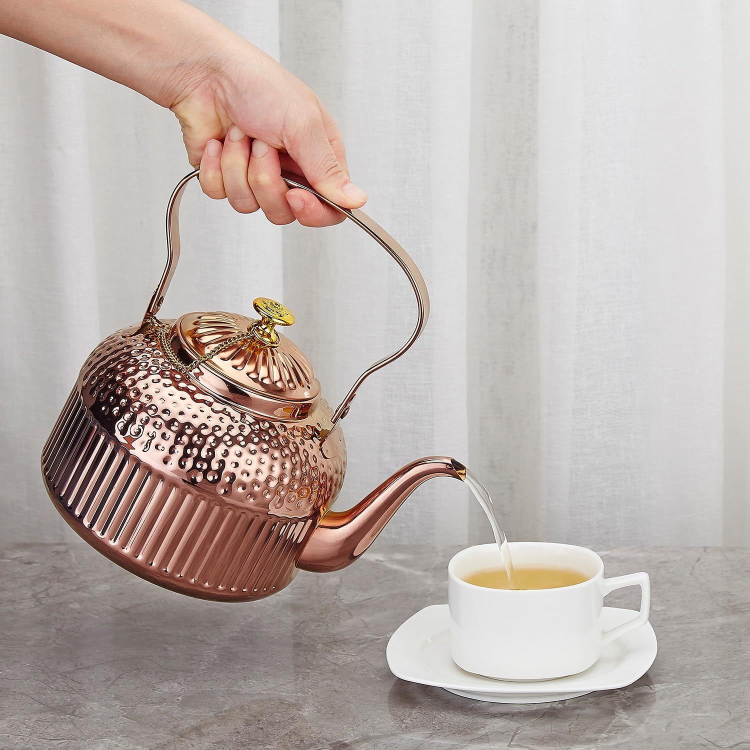 SANQIAHOME 1200ml Théière en acier inoxydable avec infuseur style rétro，Cuivre