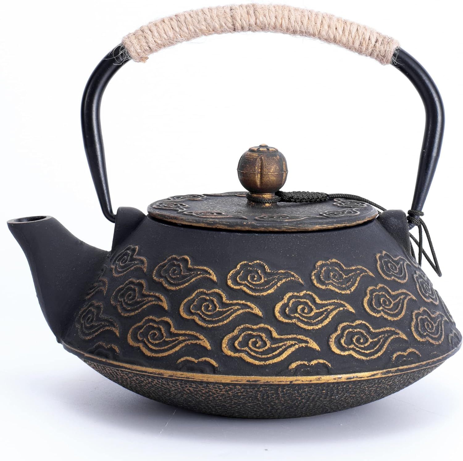 Théière en Fonte, Théière Japonaise avec Inspergraphe pour Feuille Libre, Bouilloire à Thé 800ml pour Cuisinière Enduite d’Intérieur émaillé, Motif Nuages, Noir