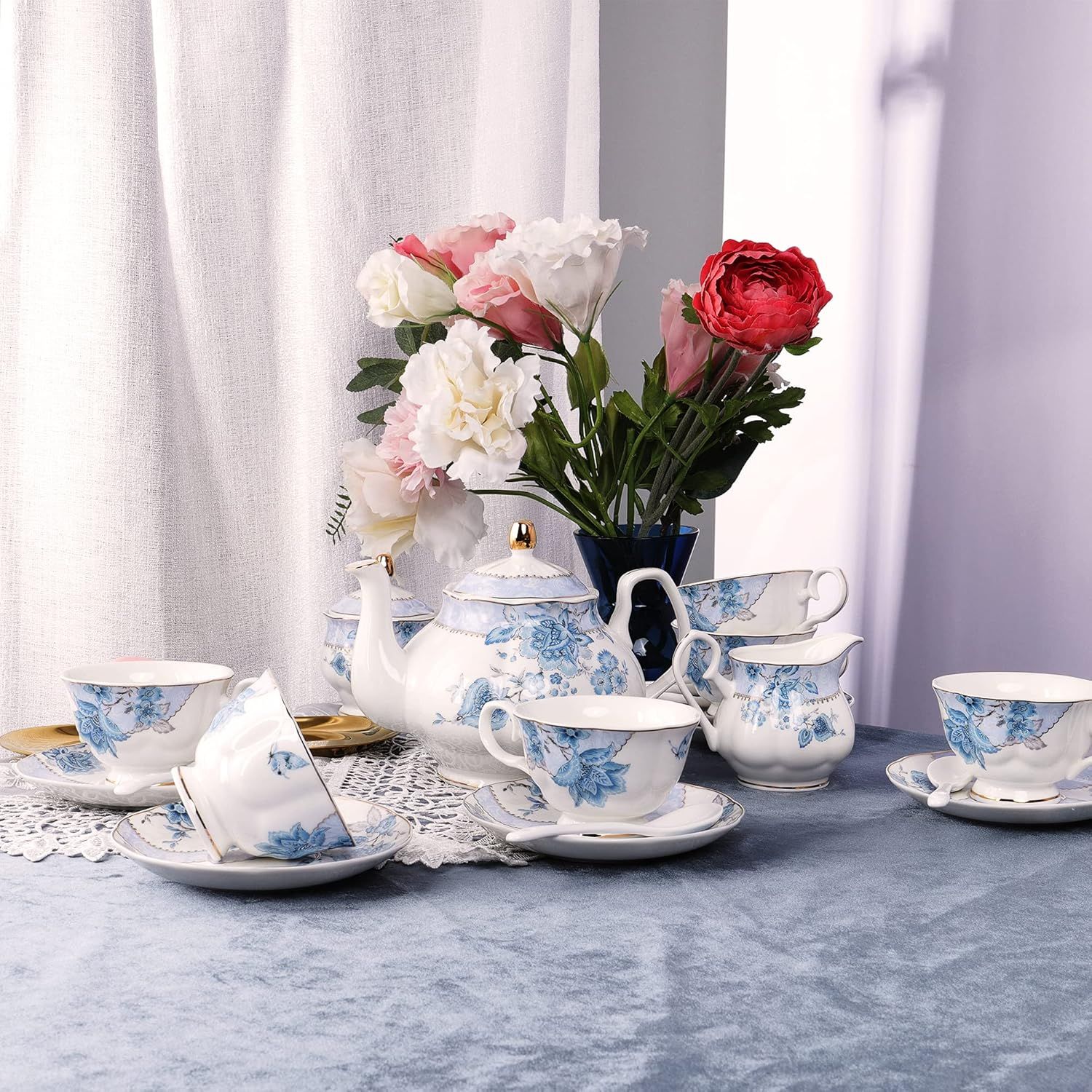 fanquare Service à Thé en Porcelaine Fleurs Bleues, Ensemble de Tasse et Soucoupe à Thé, Service de Thé 6 Personnes, Théière de Mariage Pichet à Crème Dans un Sucrier, Service à Café en Porcelaine