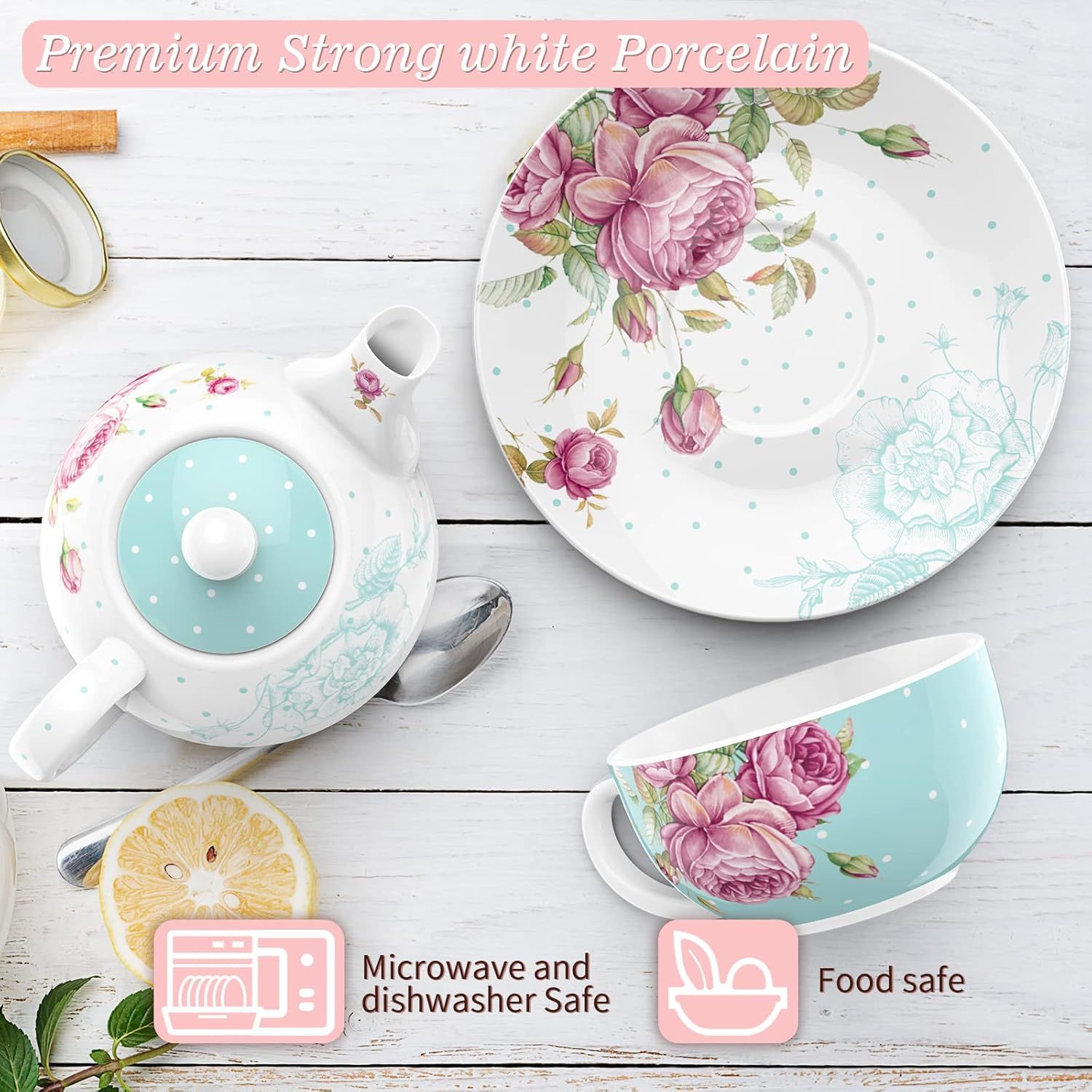 London Boutique Service à thé pour une personne avec théière, tasse à thé et soucoupe pour 1 personne en porcelaine anglaise Motif floral vintage 350 m (turquoise)