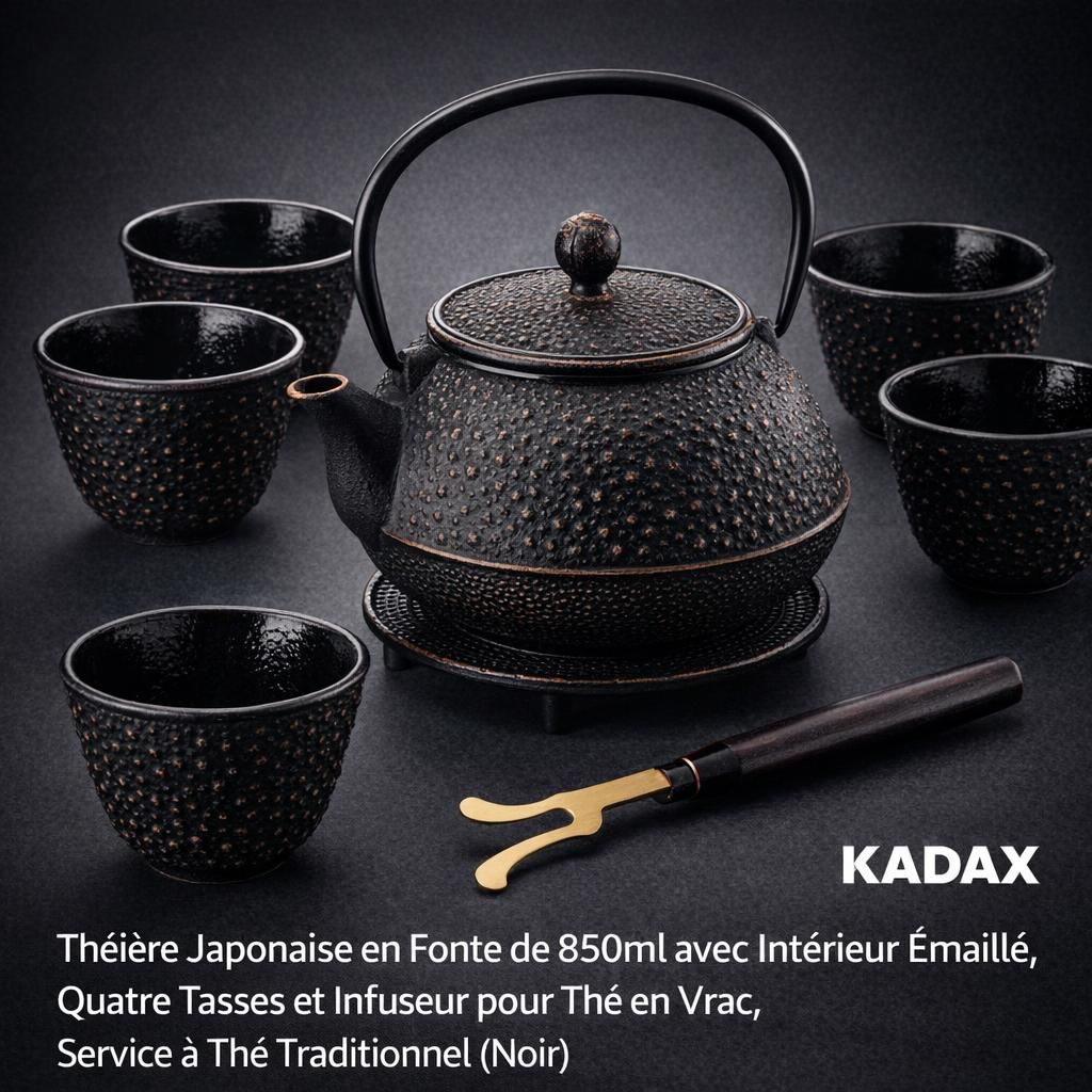 KADAX Théière Japonaise en Fonte de 850ml avec Intérieur Émaillé, Quatre Tasses et Infuseur pour Thé en Vrac, Service à Thé Traditionnel (Noir)