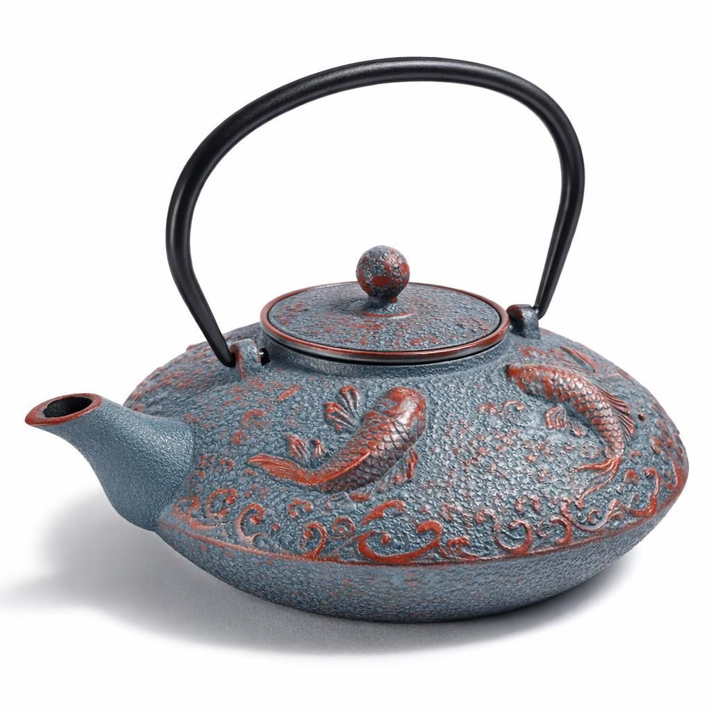 lachineuse - Théière Japonaise en Fonte - Carpes Koï - Avec Filtre Infuseur - Capacité 0,8L - Décoration Japonaise Asiatique - Théière Traditionnelle Nipponne - Service du Thé - Coloris Gris & Rouge