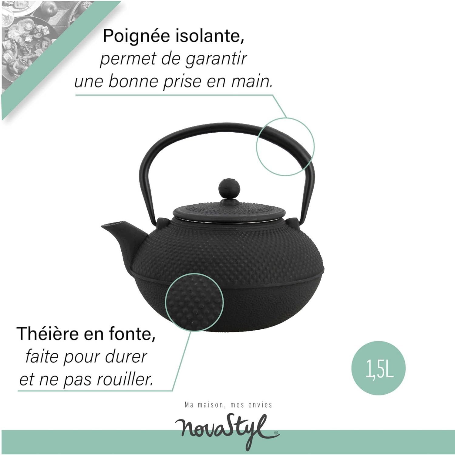 NOVASTYL – Théière en fonte noire OSAKA – 1,5L - Inspirée de l'art japonais - 7321423